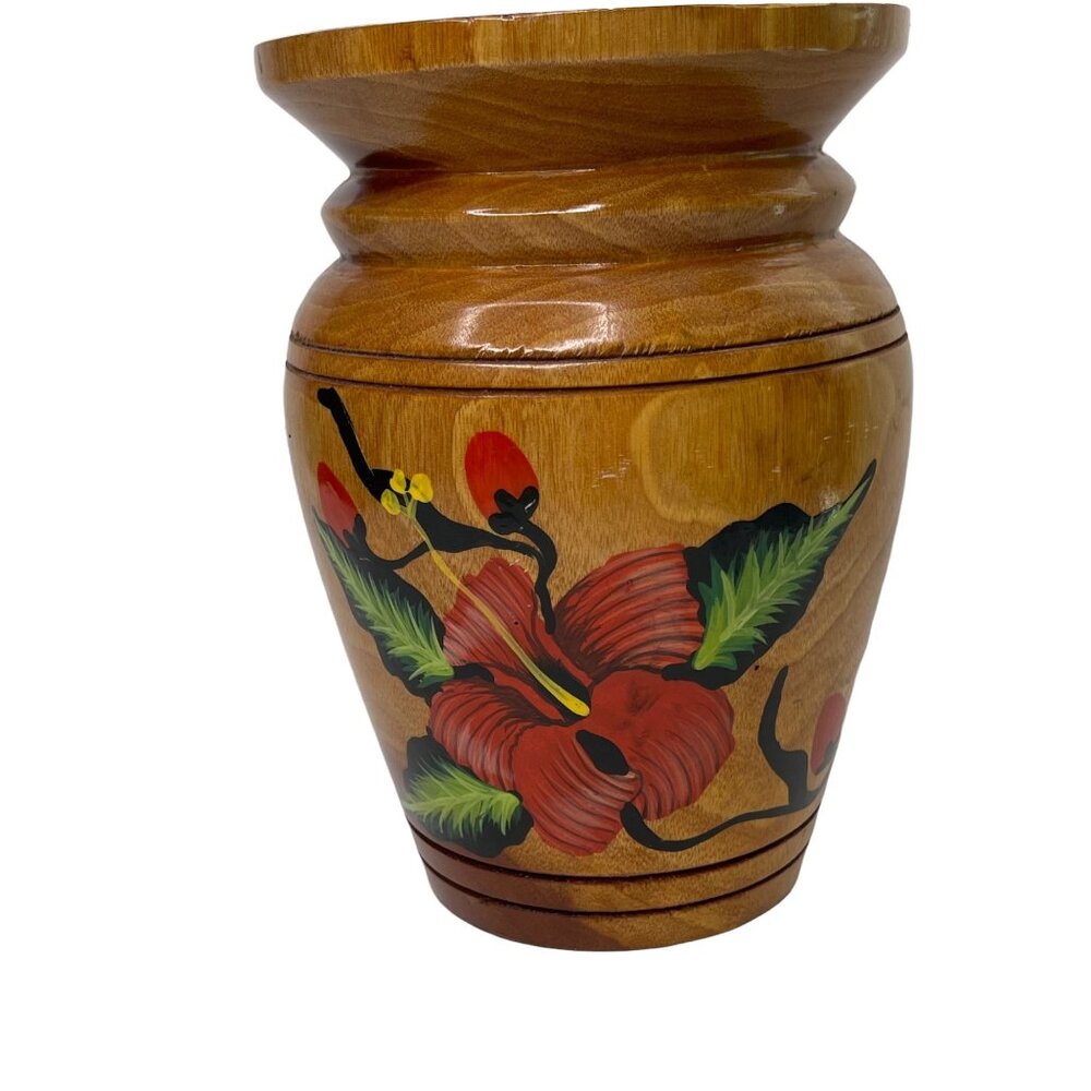 Vintage vase wooden hand turned hand painted boho folk art 8” tropical EUC